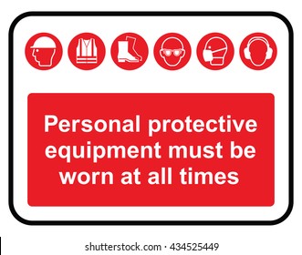 Red construction industry mandatory wear personal protection equipment sign to current British Standards isolated on white background