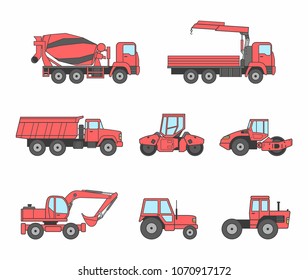 red Construction machines icons set