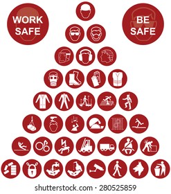 Red Construction Manufacturing And Engineering Health And Safety Related Pyramid Icon Collection Isolated On White Background With Work Safe Message