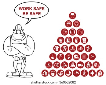 Red construction manufacturing and engineering health and safety related pyramid icon collection isolated on white background with work safe message
