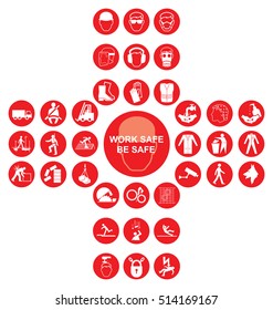 Red Construction Manufacturing And Engineering Health And Safety Related Cruciform Icon Collection Isolated On White Background With Work Safe Be Safe Message