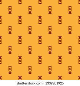 Red Contactless payment icon isolated seamless pattern on brown background. Mobile wallet technology, nfc, wireless payment with smartphone. Flat design. Vector Illustration