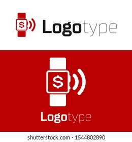 Red Contactless payment icon isolated on white background. Smartwatch with nfc technology making wireless contactless transactions. Logo design template element. Vector Illustration