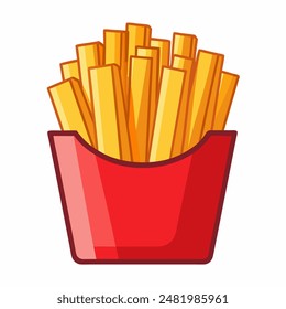 A red container filled with french fries is placed on a white background