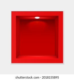 Contenedor rojo con plantilla de vidrio e iluminación. Puesto de exhibición de cubo vacío en el interior con lámpara de contraluz blanca en una vitrina realista para exposiciones vectoriales.