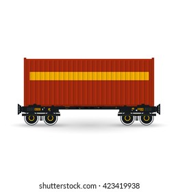 Red Container on Railroad Platform Isolated on White Background, Railway and Container Transport,   Vector Illustration
