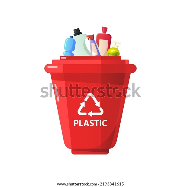 Red Container for Sorting Plastic Isolated\
on a White. Plastic pollution problem concept. Flat cartoon vector\
illustration.