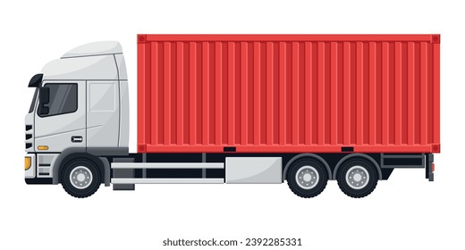 Red container truck for export and transport of merchandise. Cargo and shipping logistics. Industrial storage and distribution of products