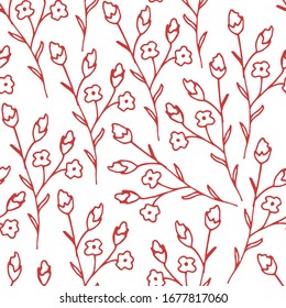 Red contour of twigs, wildflowers on a white background. Simple gentle floral doodle vector seamless pattern. For prints of fabric, textile products, clothing, packaging, wallpaper.