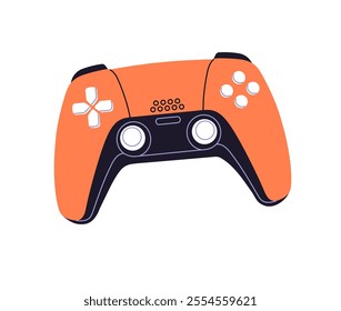 Red controller to play video games. Modern joystick of videogame console. Wireless joypad, cybersports accessory, remote control for gamers. Flat isolated vector illustration on white background