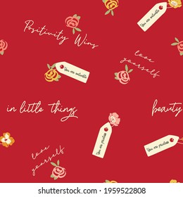 Red conversational seamless pattern print with doodle flowers, floral print and tags, label with positive quotes and slogans for fabric, thanksgiving, christmas, textile, tshirt, and wrapping