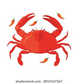 Red Cooked Crab with Spicy Chili Peppers Vector Illustration Isolated on White Background