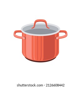 Red Cooking Pot. Cartoon Saucepan, Subject Of To Cooking. Vector Illustration.