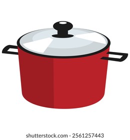 Red cooking pot with a glass lid, featuring two black handles and a black knob on the lid. Perfect for simmering, boiling, and cooking various dishes