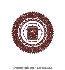 Red cooking pot icon inside distressed rubber seal with grunge texture