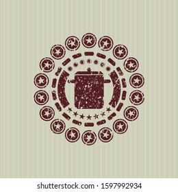 Red cooking pot icon inside rubber seal with grunge texture