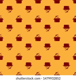 Red Cooking pot icon isolated seamless pattern on brown background. Boil or stew food symbol.  Vector Illustration