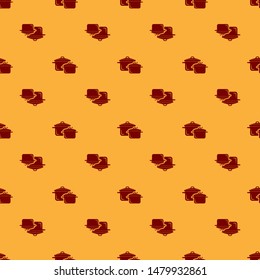 Red Cooking pot icon isolated seamless pattern on brown background. Boil or stew food symbol.  Vector Illustration