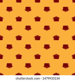 Red Cooking pot icon isolated seamless pattern on brown background. Boil or stew food symbol.  Vector Illustration