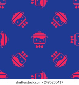 Red Cooking pot on fire icon isolated seamless pattern on blue background. Boil or stew food symbol.  Vector