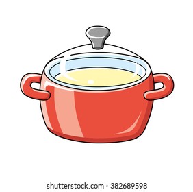 Red cooking pot with soup.
