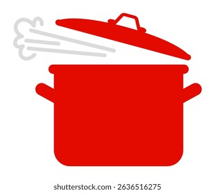 Red cooking pot with steam and lid icon. Clipart image isolated on background.