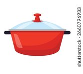 Red cooking pot vector illustration, kitchen cookware flat icon, cooking pot clip art