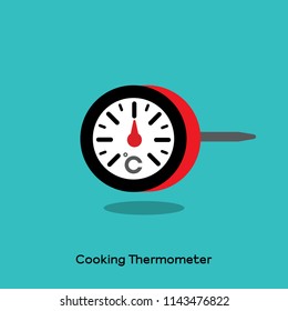 Red cooking thermometer or meat thermometer with silver needle for baking on blue background.