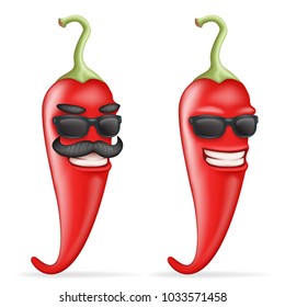 Red cool hot chili pepper sunglasses mustache happy character realistic cartoon 3d design vector illustration