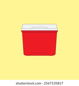 Red cooler box vector illustration. Portable refrigerator on yellow background. Food and cold drinks storage