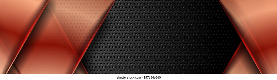 Bandas de cobre rojas sobre fondo perforado oscuro. Diseño de pancartas vectoriales
