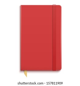 Red copybook with elastic band and gold bookmark. Vector illustration.