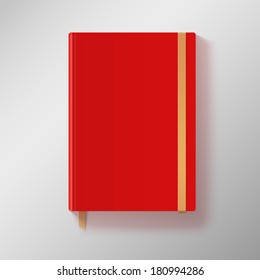 Red copybook with elastic band and gold bookmark. Vector illustration.