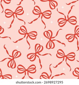 Red coquette bow seamless pattern background. Valentine's day sweet elements wallpaper. -Vector