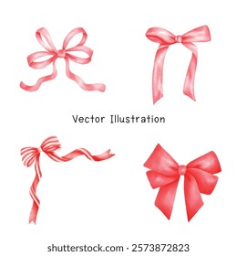 Red Coquette Bow Watercolor - Vintage girly Christmas bow hand painted illustrations, perfect for holiday designs.