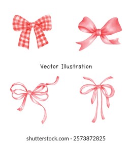 Red Coquette Bow Watercolor - Vintage girly Christmas bow hand painted illustrations, perfect for holiday designs.