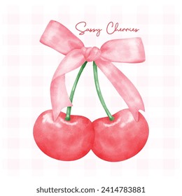 Red coquette cherries with pink ribbon bow, aesthetic watercolor hand drawing
