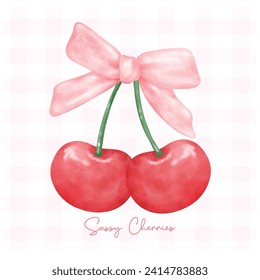 Red coquette cherries with pink ribbon bow, aesthetic watercolor hand drawing