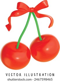 Red coquette cherries with red ribbon bow, Cute cherry vector illustration