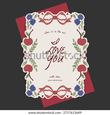 Red coquette, cherry, heart, branches floral, and ribbon illustration border for valentine, greeting, wedding, mothers day, birthday party, baby shower