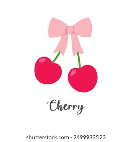 Red coquette cherry with pink ribbon bow. Lettering phrase cherry. Flat vector illustration