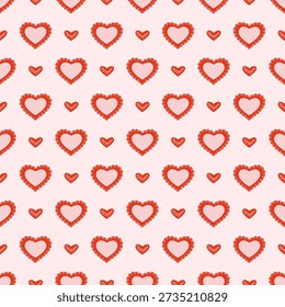 Red coquette heart seamless pattern with lace edge and frills on pink background. Vector repeat background with decorative hearts for Valentine's Day.