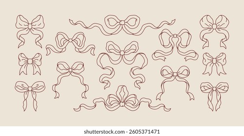 Red Coquette Outline Bow Set. Vector Vintage Ribbons Illustration. Bowknot for Print, Postcard, Valentines Cards, Menu, Wedding Invitations, Poster, Branding and Logo.