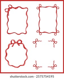 Red Coquette Ribbon Bow Frame Decorative watercolor Whimsical Wavy Aesthetic set
