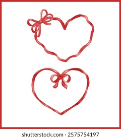 Red Coquette Ribbon Bow Heart Shape Frame watercolor Whimsical Wavy Aesthetic set
