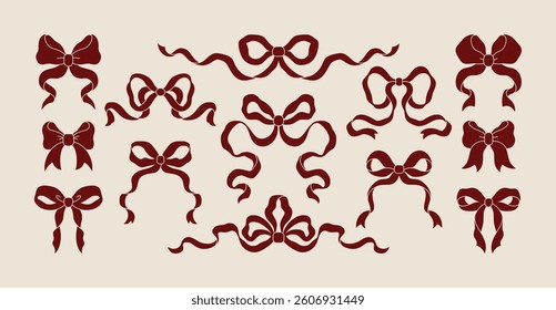 Red Coquette Silhouette Bow Set. Vector Retro Ribbons Illustration. Bowknot for Print, Postcard, Valentines Cards, Menu, Wedding Invitations, Poster, Branding, Patterns and Logo.