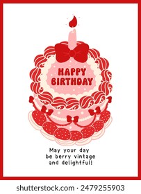 Red Coquette Vintage Birthday Cake Strawberries with ribbon bow Illustration Groovy Retro Design.