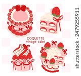 Red Coquette Vintage Cake Strawberries with ribbon bow collection Illustration Groovy Retro Design