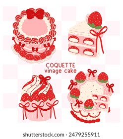 Red Coquette Vintage Cake Strawberries with ribbon bow collection Illustration Groovy Retro Design