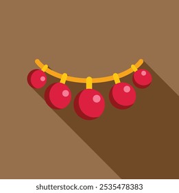 Red coral beads necklace on string jewelry fashion icon with long shadow on brown background in flat style